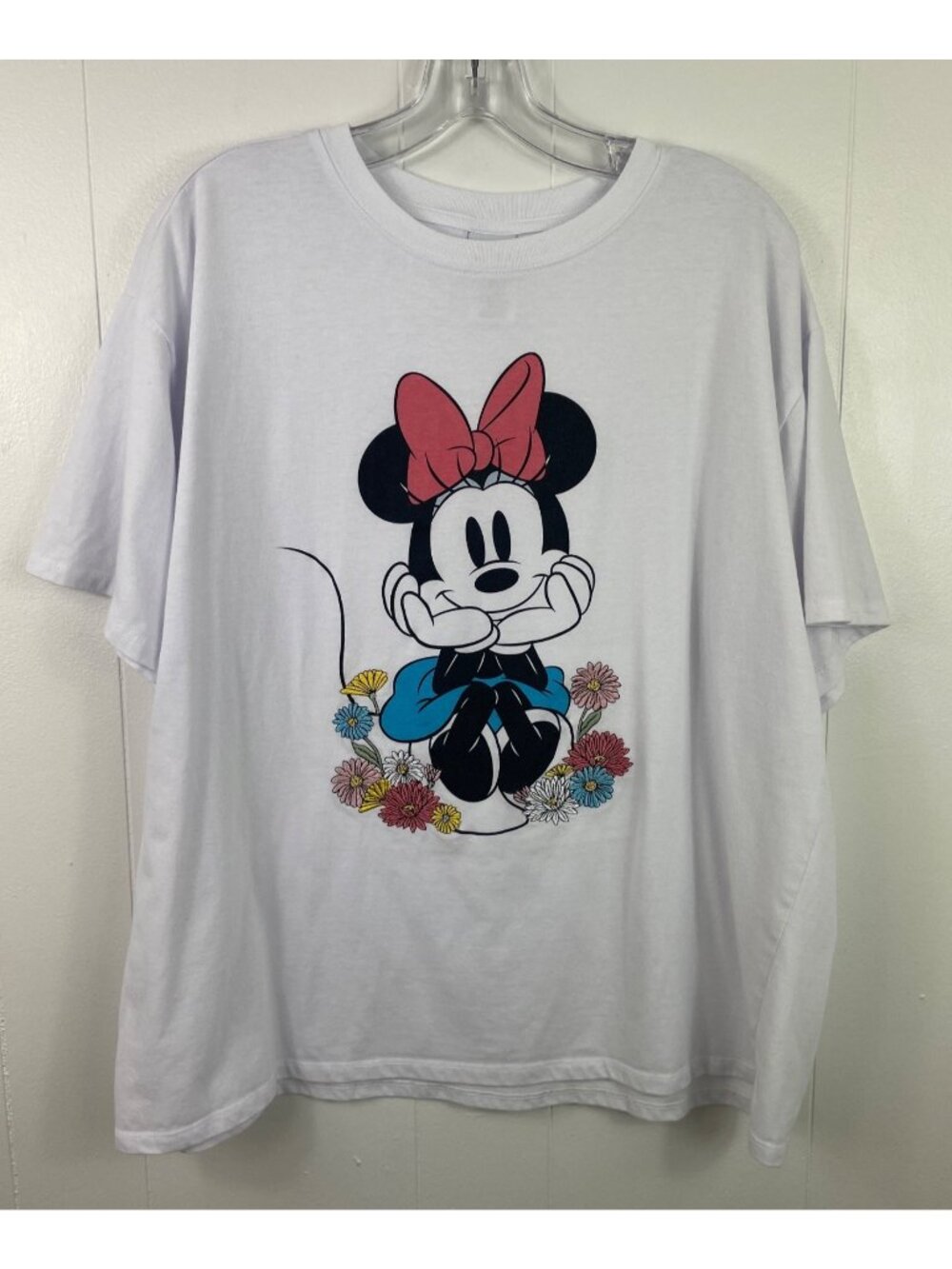 Disney Minnie Mouse Embroidered Floral Graphic White T-Shirt XXL Short Sleeve